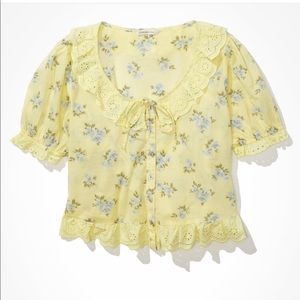 AE Scoop Neck Lace Button Up Blouse